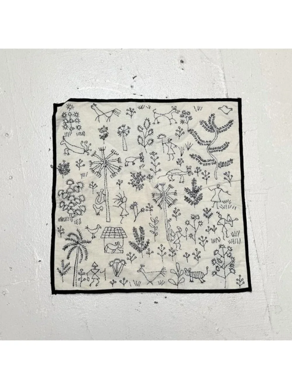 Hand Embroidered Square Pillow Cover Farmhouse People Animals Trees Floral Black